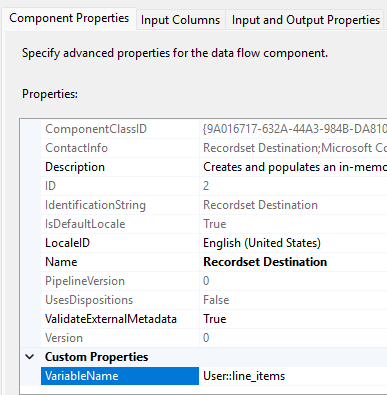 Recordset Destination Properties